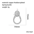 Macro detail of 14mm rhodium plated copper lobster clasp with size specifications - P01969-Silver Micro Pave Zirconia Spring Clasp