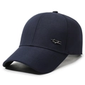 Dark blue men's baseball cap with subtle plaid texture and silver metal logo accent - Adjustable / Navy Blue