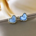 Elegant heart-shaped pearl stud earrings in light blue enamel with golden metal frame - 54# Blue Heart Trim Studs