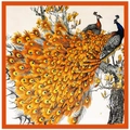 Silk-like peacock and magnolia square scarf in orange and blue, 90cm spring shawl - 90cm*90cm / Orange