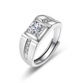 Macro detail of silver adjustable men's ring featuring large round-cut zircon and side stones - Adjustable Open / Silver TMJ009