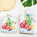 Christmas oven mitt and pot holder set with red truck and snowman watercolor print - H027 Christmas Car
