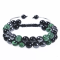 Close-up of double-layer beaded bracelet with amethyst, hematite and adjustable cord - Malachite Bracelet (3 Malachite Beads) / 8mm