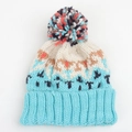 Detail of winter knit beanie with geometric rhombus pattern and multicolor faux fur pompom - One Size (Elastic) / Cyan Blue