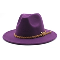 Detail of dark purple fedora hat with brown leather braided band and gold buckle - M (56-58cm) / Purple