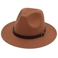 Detailed close-up of brown wool fedora with a dark faux leather belt and gold buckle - M (56-58cm) / Khaki