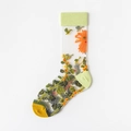 Sheer glass silk crew socks with floral embroidery and green ribbed cuffs for women - One Size / Sunshine