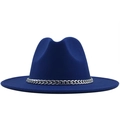 Classic royal blue wool fedora hat featuring a stylish silver metal chain band detail - M (56-58cm) / Blue