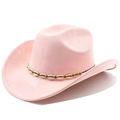 Dettaglio cappello da cowboy in camoscio rosa con decorazioni di conchiglie e perline - M (56-58cm) / Rosa
