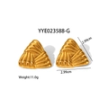 Macro shot of gold triangular stud earrings with radial striped texture and dimensions - Pleated Radial Triangle (YYE023588-G) / Gold