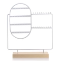 White metal jewelry stand with oval earring frame and wooden base for display - White