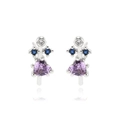 Abstract figure earring with purple heart stone, blue gems and white zircon in silver - E2545 Platinum (As Shown)