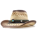 Western straw cowboy hat with turquoise beads and hollow weave for sun protection - M(56-58cm) / Beige With Coffee Gradient
