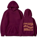 Felpa con cappuccio viola scuro con stampa Forever Chasing Sunsets sul retro stile casual - S / Borgogna