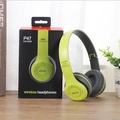 Detailed view of green P47 foldable wireless Bluetooth 5.0 headphones with retail box - Green