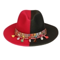Red and black two-tone felt fedora hat with bohemian seashell and star fringe bands - Red Army Green With Shells Tassels