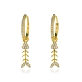 Golden fishbone drop earrings with sparkling crystals and minimalist hoop design - Gold Fish Bone Earrings (KC Gold WG0-0386)