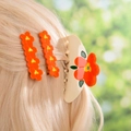 Elegant beige and orange floral acetate hair claw clip and flower hairpins set for women - 1 Orange Claw Clip + 1 Pair of Side Clips