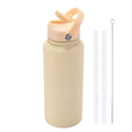 Cream stainless steel sports bottle 1L with folding straw and cleaning brush set - 1 L / Cream