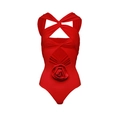 Red cutout one-piece swimsuit with halter neck and 3D floral rose ornament detail - S / Single Hollow Flower Swimsuit
