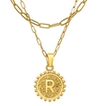 Double-layered 18K gold paperclip necklace with round pendant featuring letter R - Letter R (With Double Chain)