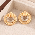 Macro detail of gold hoop earrings featuring double rings and white pavé cubic zirconia - Double Hoop Rhinestone Pave Style (N-831) / 57 KC Gold