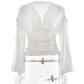Elegante top de satén blanco con escote en V, manga larga y lazo en la cintura - M / Blanco