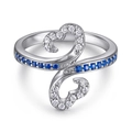 925 silver ring featuring blue gemstones and white zircon in a heart-shaped crossover design - Tl-426