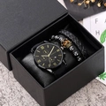 Men's Geneva quartz watch with black leather strap and beaded crown bracelet in gift box - Black