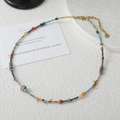Bohemian handmade beaded necklace with natural turquoise stones and gold clasp - Summer Amber Multi-color