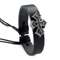 Adjustable black woven leather bracelet featuring an antique metal cross for men - Cross Model D