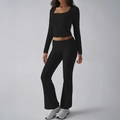 Women's two-piece black knit set with square neck crop top and high waisted flare pants - S / Black