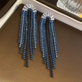 Elegant long blue tassel earrings with silver chains and white crystal fan studs - Blue Long Tassel (20# Silver Needle-Blue Tassel)