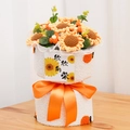 Handmade crochet sunflower bouquet in a white plush base with orange silk ribbon bow - 6 Sunflowers Bouquet