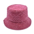 Close-up of wine red bucket hat with distressed frayed star embroidery and vintage texture - Distressed Bucket Hat / Burgundy