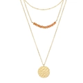 Three-layered 316L stainless steel necklace with orange beads and hammered round pendant - Gold