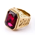 Macro detail of men's gold engraved ring featuring a large rectangular red gemstone - US 7 / Gold Base Rose Red Gemstone