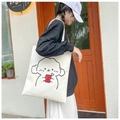 White canvas tote bag with cute cartoon puppy print and wide shoulder strap for students - White Style 2 (Phone Puppy)