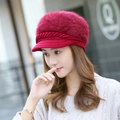 Women's burgundy faux rabbit fur knit winter hat with decorative cable knit trim - One Size / Twill Rabbit Fur Wine Red