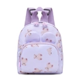 Lavender kids backpack with cartoon bear prints and decorative ears in a frontal view - Purple