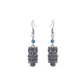 Close-up of vintage silver owl earrings featuring a blue bead and intricate bronze engraving - Vintage Owl Bead Style (E1231-3)