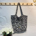 Reversible leopard print wool tote bag with handmade gold plaque in grey and white - Grey Leopard