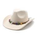 Classic cream wool felt western cowboy hat with colorful beaded ethnic style band - M (56-58cm) / Beige