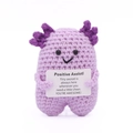 Handmade purple crochet axolotl plush doll holding an inspirational card for desk decor - Standing Axolotl Light Purple Body Dark Purple P Card