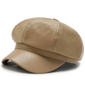 Casquette octogonale rétro en cuir PU kaki pour hommes et femmes au fini texturé - Réglable / Kaki