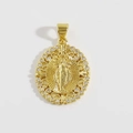 Macro detail of 18K gold plated oval religious pendant with micro-pave zircon crystals - Virgin Mary Relief
