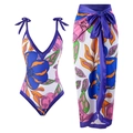 Three-piece floral bikini set with matching long wrap skirt and blue flower print - Seagrass Series