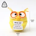 Handmade yellow crochet owl emotional support toy with Wise Owl card and size details - Owl Yellow W Card