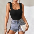 Slim fit black ribbed knit camisole bodysuit with elegant ruffle shoulder straps - S / Black