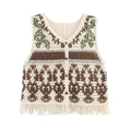Dettaglio del gilet boho all'uncinetto con ricamo floreale e orlo con frange annodate - S / Cammello